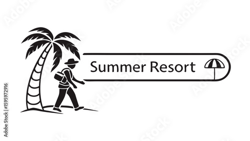 Black and White Summer Resort Logo with Palm Tree and Traveler.