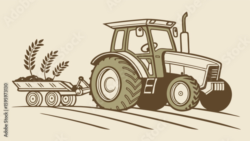 Cartoon Tractor Pulling a Wagon with Wheat Seedlings on a Farm.