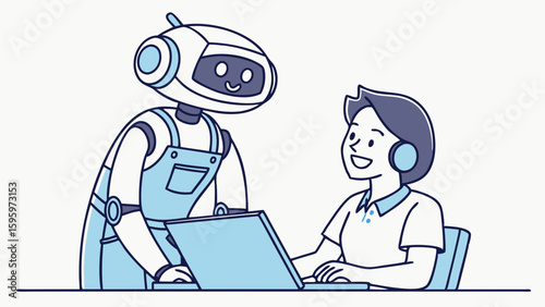 Collaborative Robot and Human Working on a Laptop.
