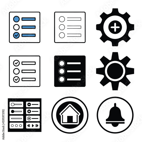 Collection of nine diverse flat design icons representing settings lists and notifications for user interfaces