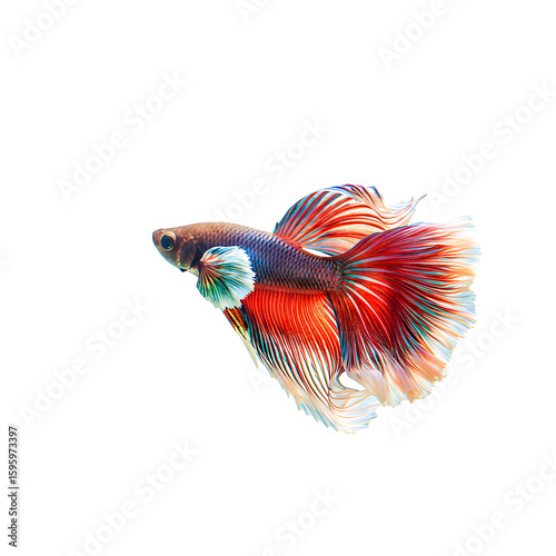 A vibrant Siamese fighting fish displays its colorful fins against a white background.