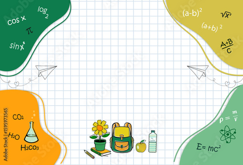 Horizontal school education famework powerpoint template in green-yellow colors with school acsessories and math graph empty background .Flat lay ,free copy space.