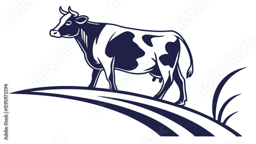 Elegant Stylized Cow Grazing on Rolling Pastureland.