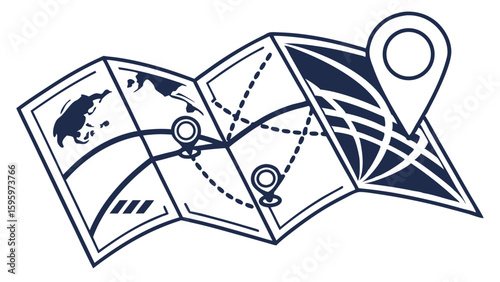 Folded World Map with Location Pins and Route Planning.