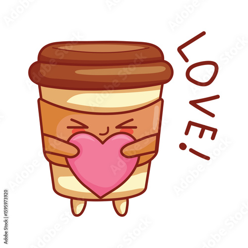 Cute kawaii coffee cup holding pink heart. Vector illustration of funny coffee with love feeling.
