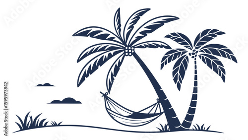 Hammock Relaxing Under Two Palm Trees Silhouette.
