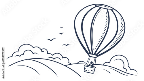 Handdrawn hot air balloon over rolling hills.