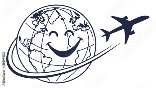 Happy Earth Globe with Airplane Representing Global Travel.