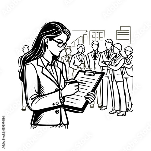 A woman with a clipboard briefing a group