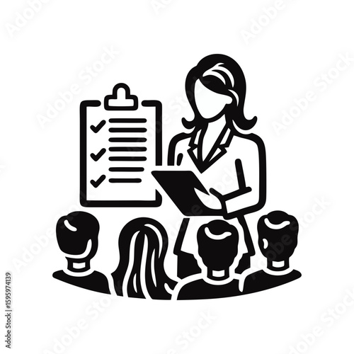 A woman with a clipboard briefing a group