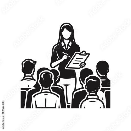 A woman with a clipboard briefing a group