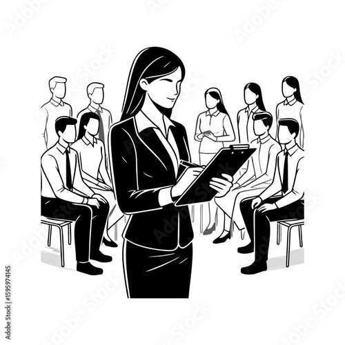 A woman with a clipboard briefing a group
