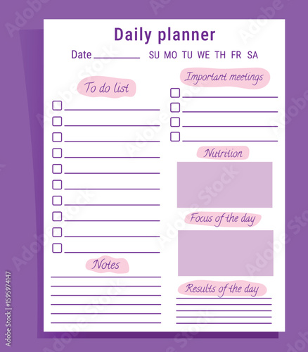 Daily planner template with notes section in pastel colors. Vector organizer.