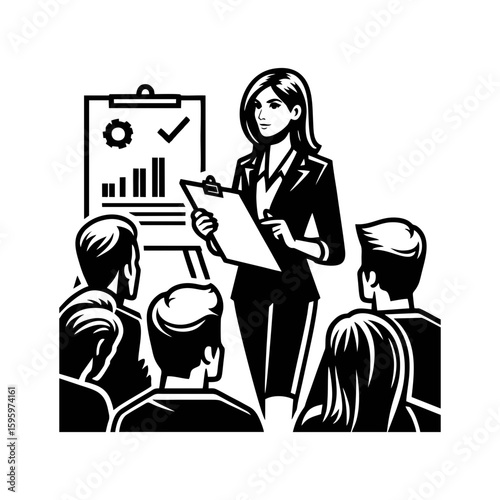 A woman with a clipboard briefing a group