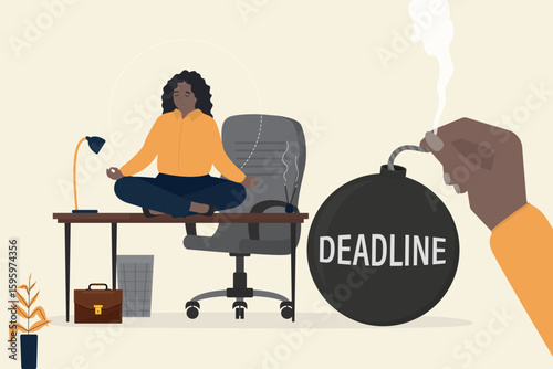 Female employee meditating in lotus position at work in office, trying to release stress. Woman hand extinguishing fuse of deadline bomb, working without haste and delays.