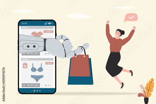 Chat bot or robot arm give shopping bags from mobile phone. Happy woman customer. Online store, shopping app with robot, e-commerce future.