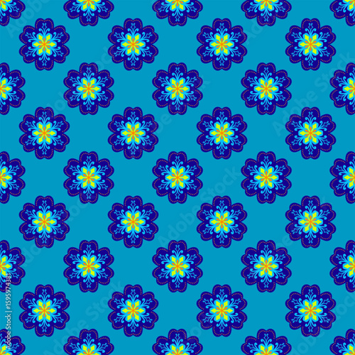 Seamless pattern featuring Blue background with a flowers in vibrant blue hues