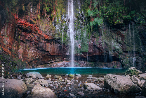 Beautiful peaceful landscape view of 25 Fontes Falls, Madeira
