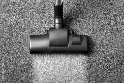 Vacuum cleaner head on gray carpet, cleaning