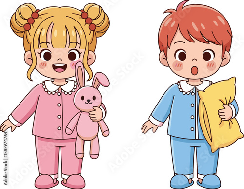 Adorable cartoon children in pajamas holding toys, bedtime routine illustration, cute sleepwear characters for nursery design, playful night-time theme