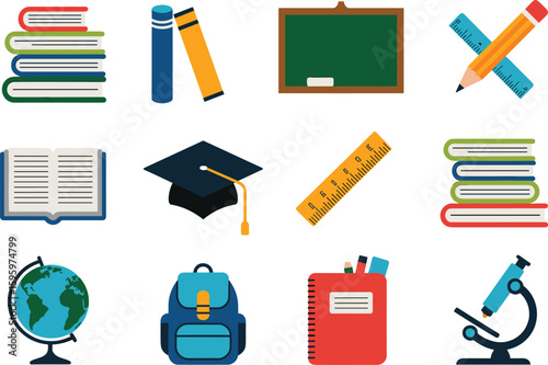 Collection of colorful flat design school and education icons learning books