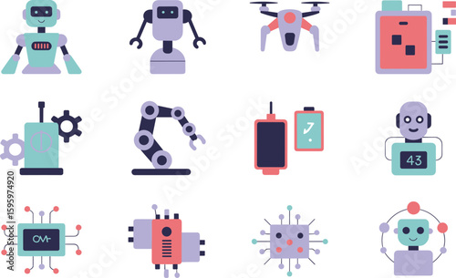 Collection of flat design robot and technology icons drone robotic arm