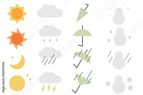 シンプルな天気マークのイラストセット(晴れ・くもり・雨・雪)