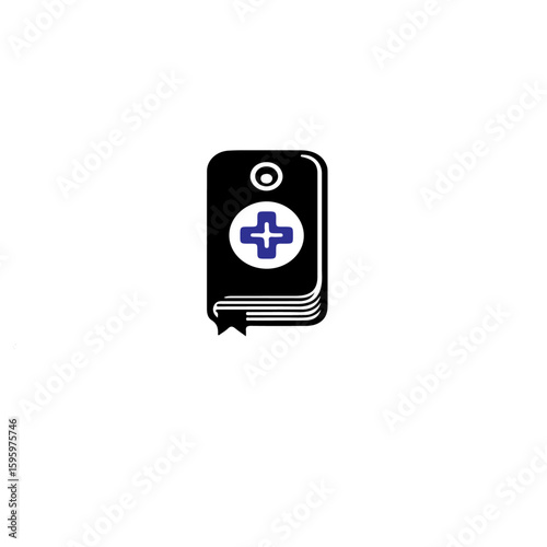 A black medical book icon with a blue plus sign on a white background