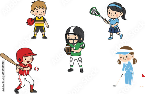 Kids playing multiple sports outdoors, cartoon activity illustration, teamwork and fun, golf, football, lacrosse, healthy lifestyle, vector character art