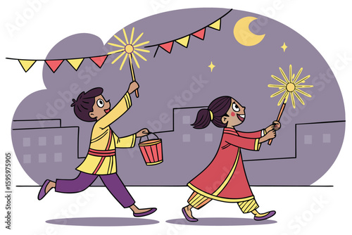 Children celebrating festival with firecrackers and lanterns on rooftop at night, glowing with fun and cultural joy
