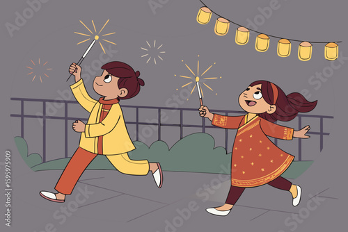 Two or three kids lighting firecrackers and playing with lanterns at night during a cultural festival celebration