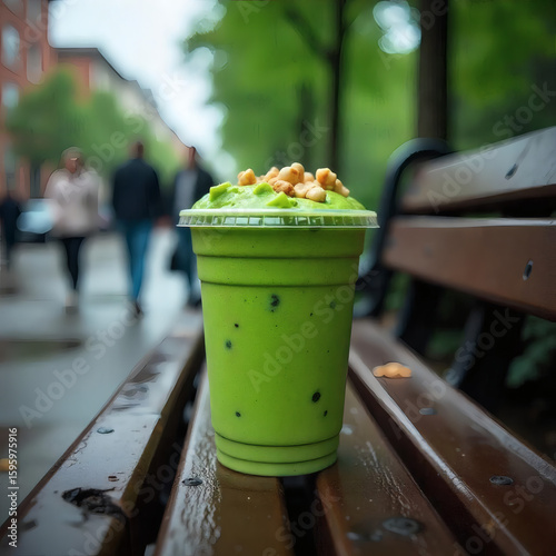 green matcha filled with chocolate on a bench