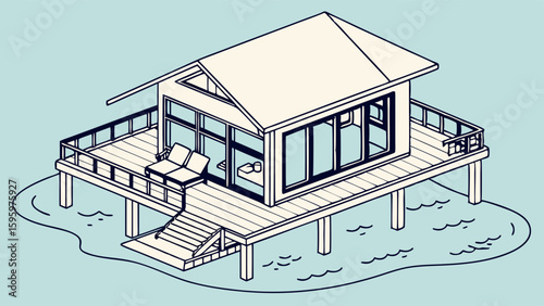 Isometric stilt house with deck stairs and ocean view.