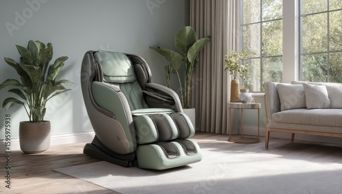 Modern massage chair in light mint green and gray tones in a sunlit room