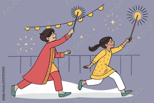 Teenagers in traditional dress lighting firecrackers and playing with lanterns during a festive rooftop night scene