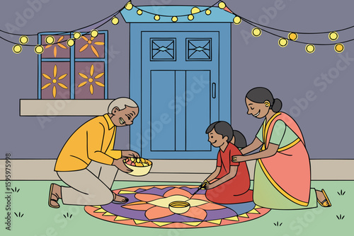Grandparents, parents, and children lighting oil lamps in a festive courtyard filled with colorful outfits and joy