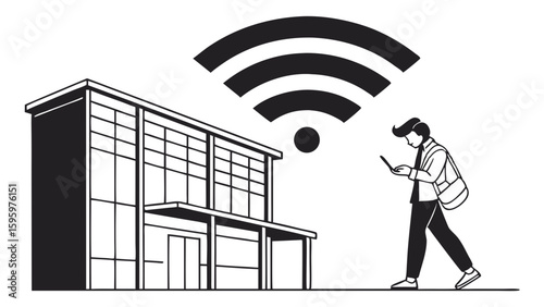 Man Using Smartphone Near Building with WiFi Signal.