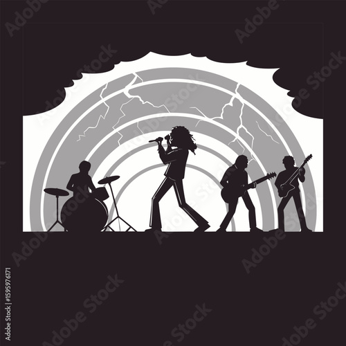 a dark, atmospheric style for the progressive rock band. The poster features the silhouetted figures of the four band members performing: a drummer, keyboardist, guitarist, and bassist. 