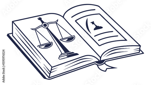 Open Book with Scales of Justice and Gavel Symbol.