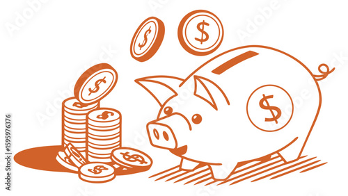Orange Line Art Piggy Bank with Coins and Stacks of Dollars.