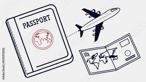 Passport Airplane and Boarding Pass Travel Essentials Illustration.