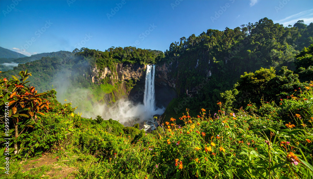 Fototapeta premium View of a large waterfall flowing heavily between green cliffs and dense tropical forest.