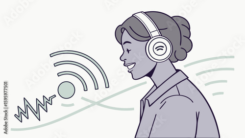 Smiling Woman Listening to Audio with Headphones and Sound Waves.