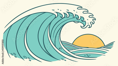 Stylized ocean wave with rising sun illustration in teal and yellow.