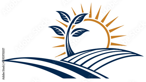 Stylized Sunrise over Rolling Fields with Growing Plant.