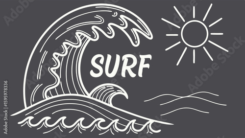 Stylized Surf Design Featuring Waves Sun and Text.