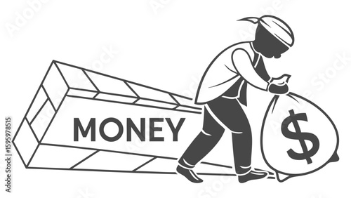 Thief Stealing a Large Bag of Money from a Brick Wall.