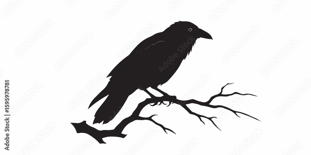 Obraz premium Striking vector silhouette of a crow perched on a branch, rendered in solid black with clean, sharp outlines