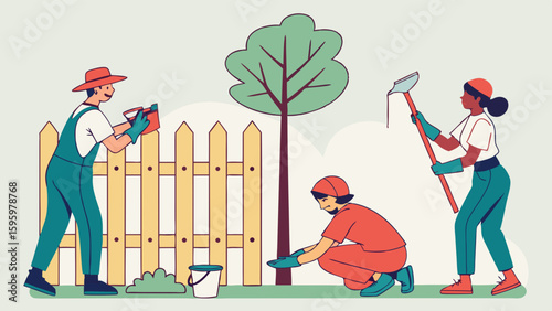 Three People Painting a Wooden Fence in the Garden.