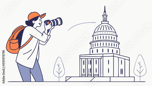 Tourist Photographing the United States Capitol Building with a Camera.